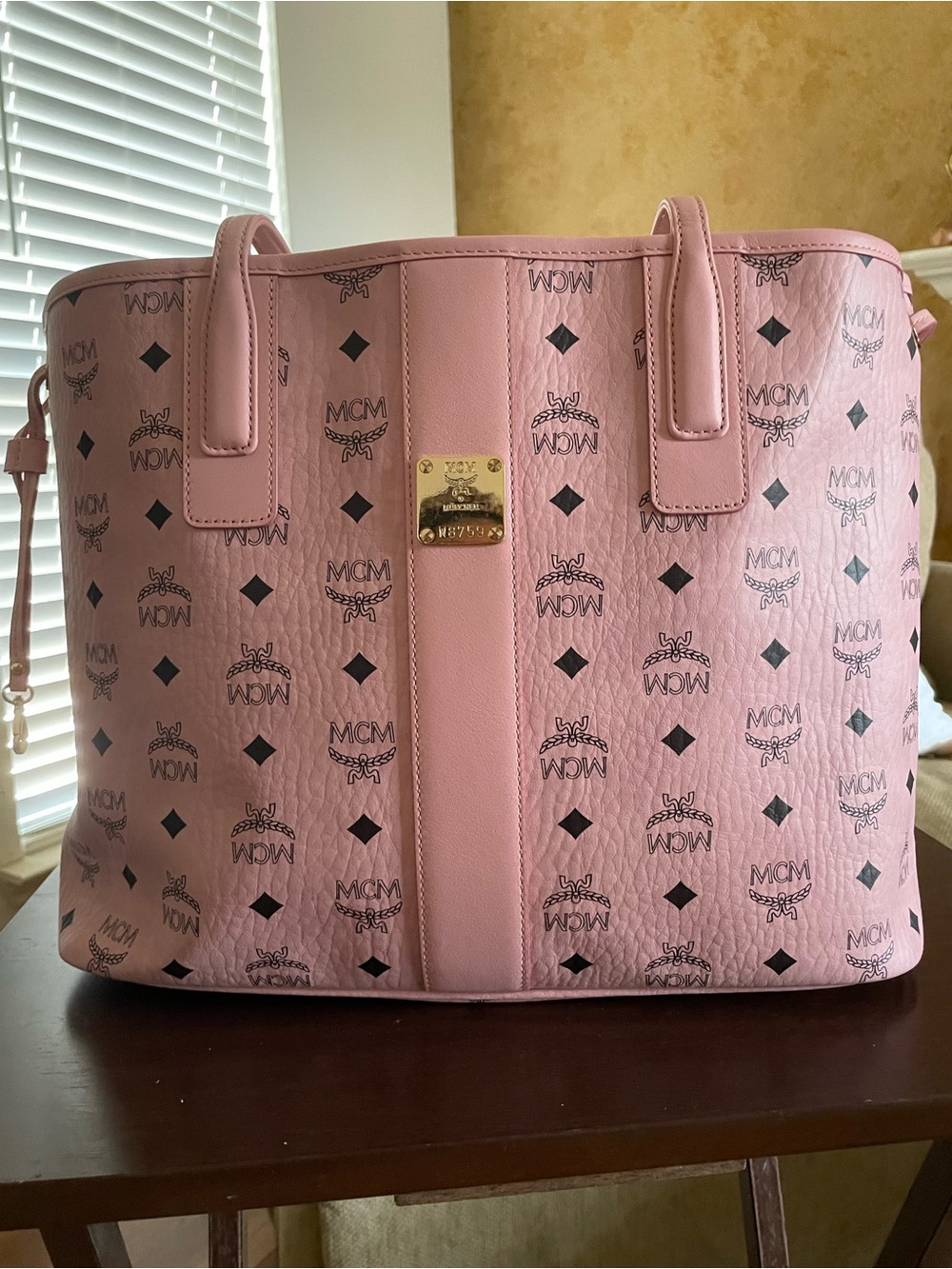 MCM Pink Logo Monogram Tote with Gold Plaque